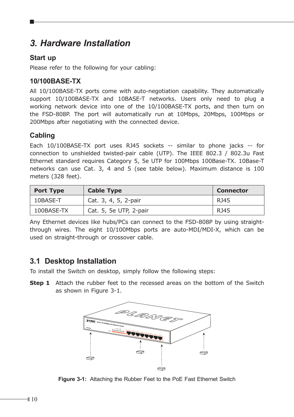 Hardware installation, 1 desktop installation | PLANET FSD-808P User Manual | Page 10 / 22