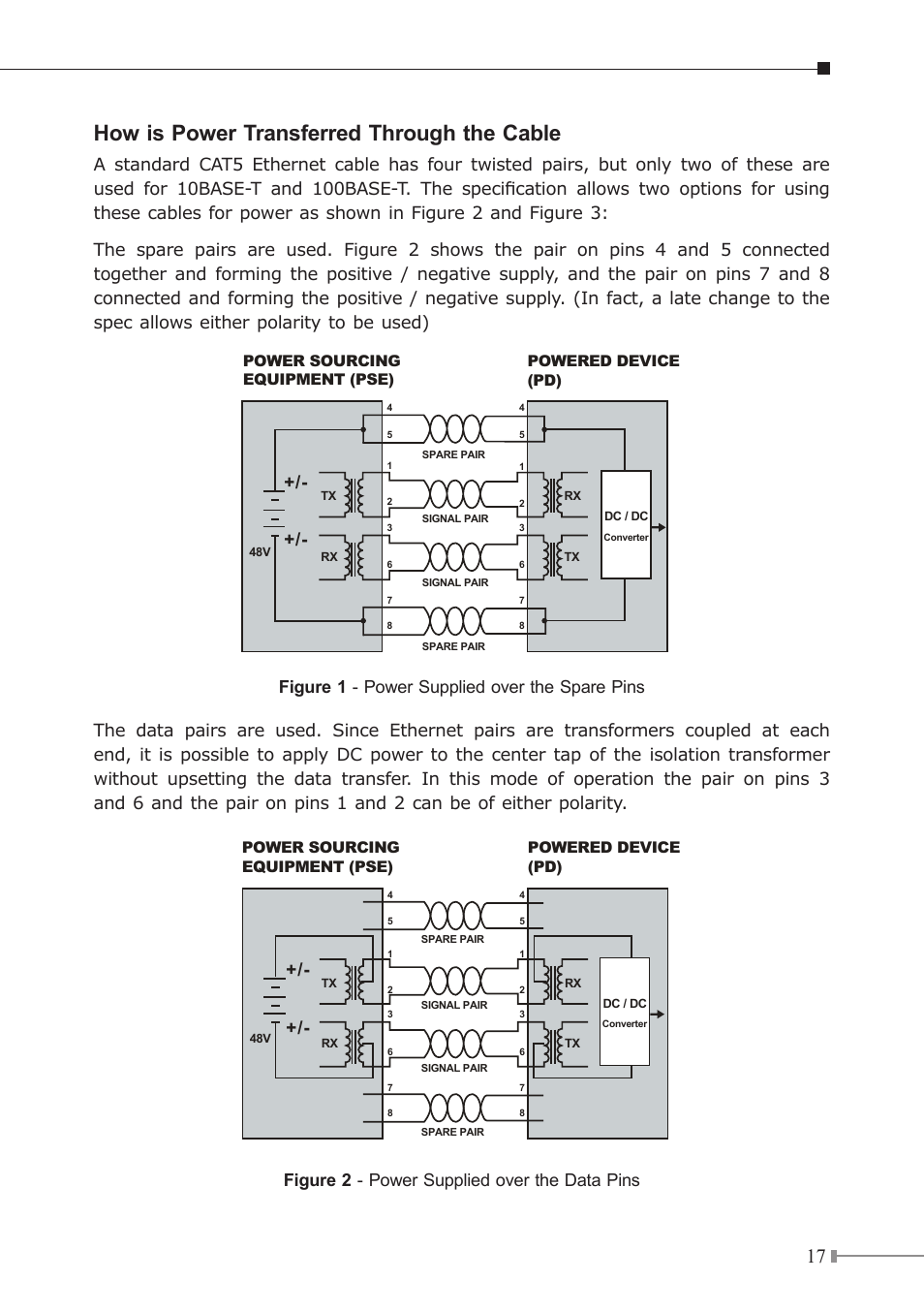 How is power transferred through the cable, Figure 2 - power supplied over the data pins, Power sourcing equipment (pse) powered device (pd) | PLANET FSD-808P User Manual | Page 17 / 22