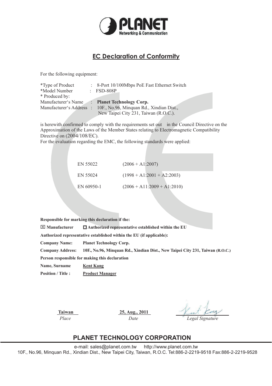 Ec declaration of conformity, Planet technology corporation | PLANET FSD-808P User Manual | Page 22 / 22