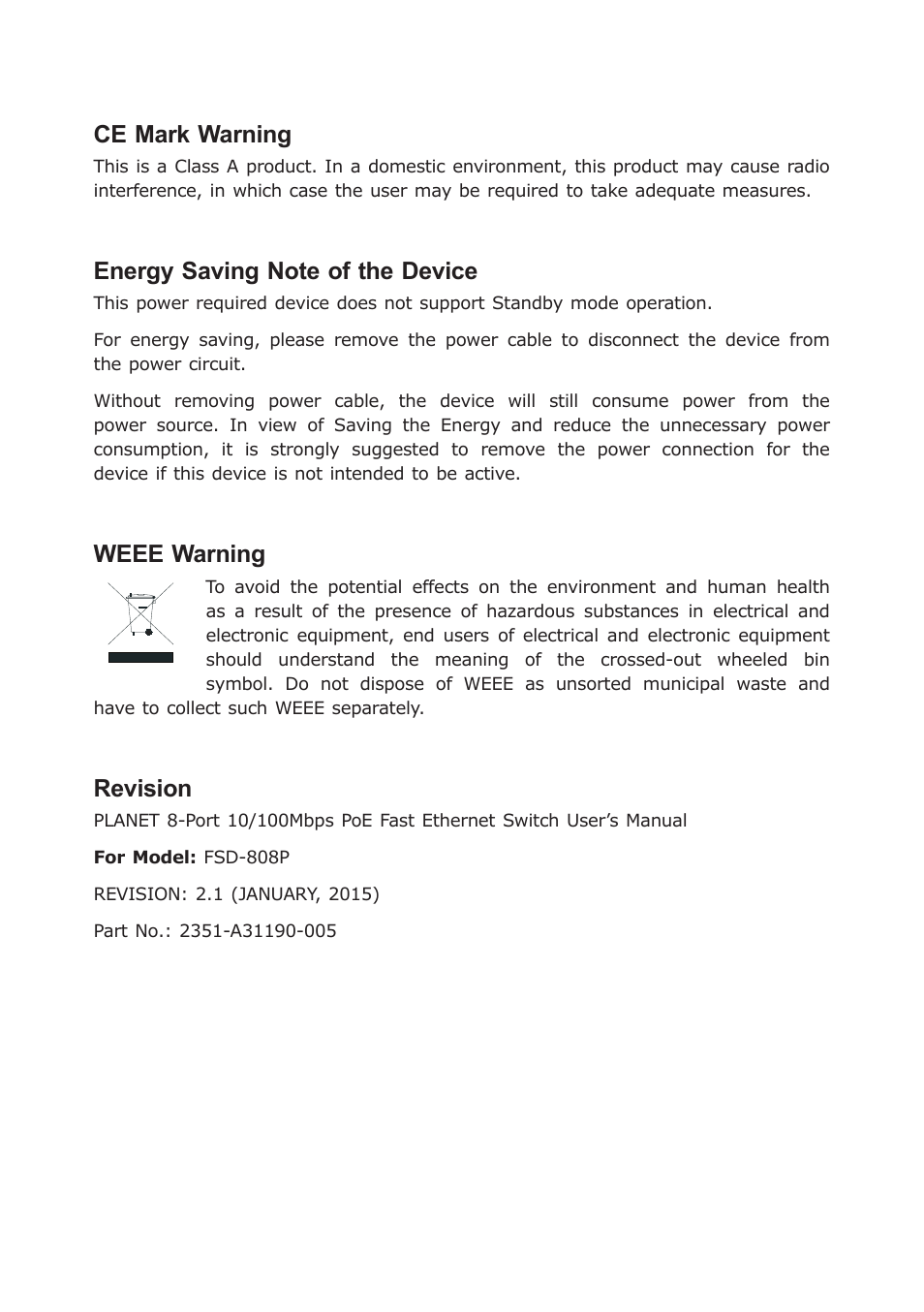 Ce mark warning, Weee warning, Revision | PLANET FSD-808P User Manual | Page 3 / 22