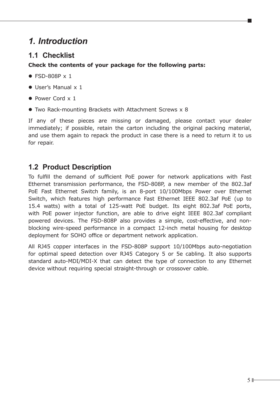Introduction, 1 checklist, 2 product description | PLANET FSD-808P User Manual | Page 5 / 22