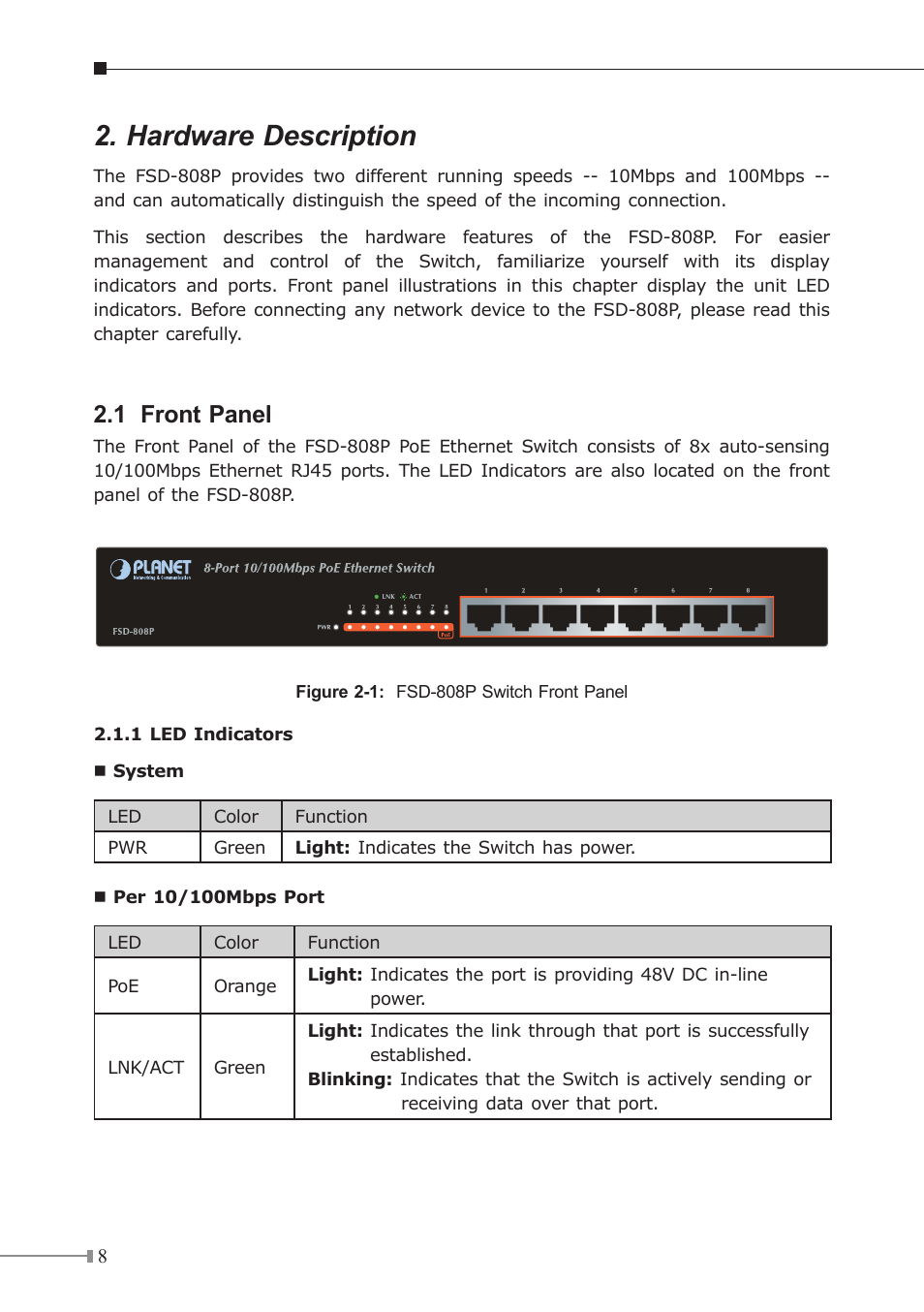 Hardware description, 1 front panel | PLANET FSD-808P User Manual | Page 8 / 22