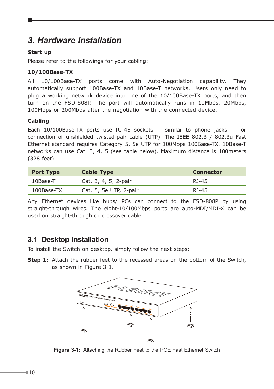 Hardware installation, 1 desktop installation | PLANET FSD-808P User Manual | Page 10 / 20