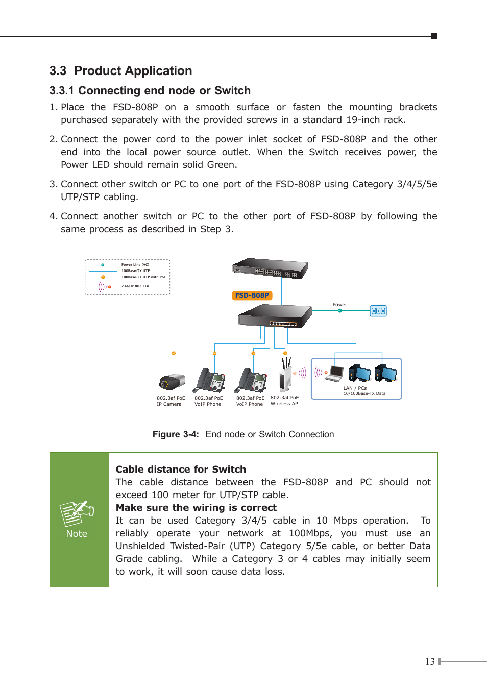 3 product application, 1 connecting end node or switch, Figure 3-4: end node or switch connection | PLANET FSD-808P User Manual | Page 13 / 20