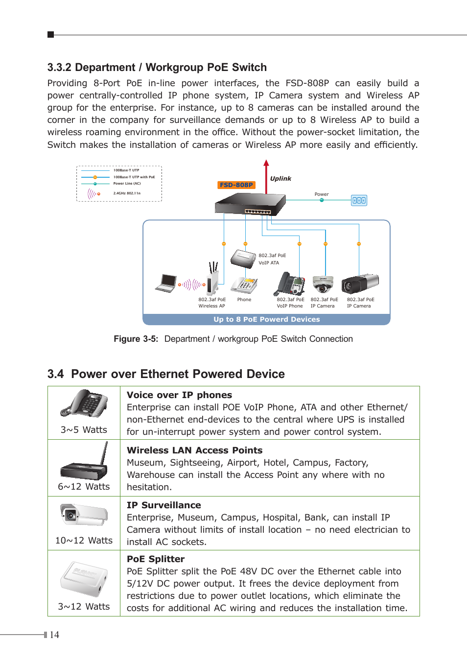 4 power over ethernet powered device, 2 department / workgroup poe switch | PLANET FSD-808P User Manual | Page 14 / 20