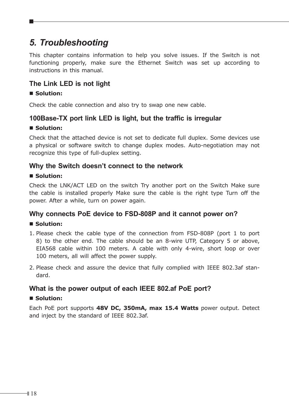 Troubleshooting | PLANET FSD-808P User Manual | Page 18 / 20