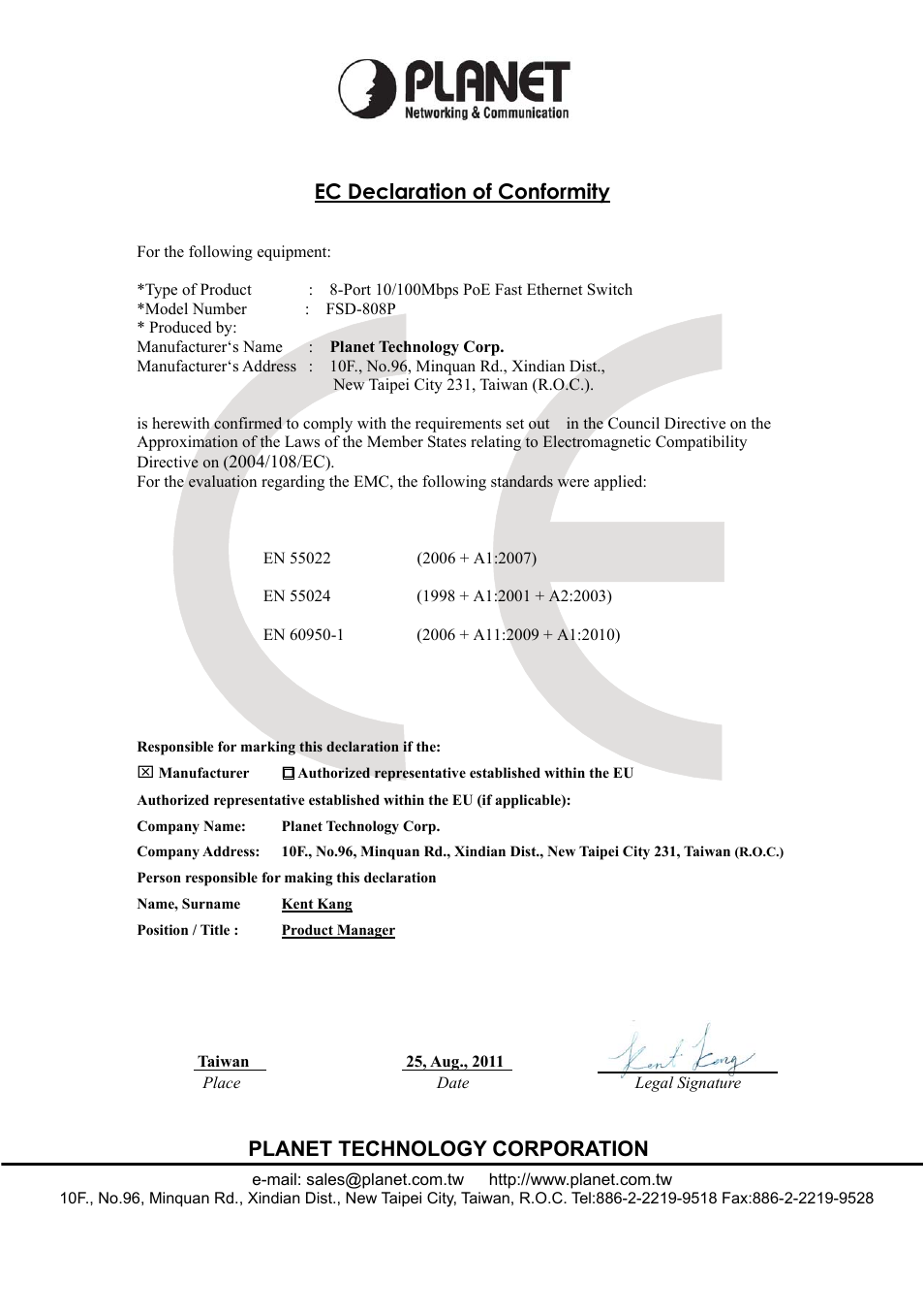 Ec declaration of conformity, Planet technology corporation | PLANET FSD-808P User Manual | Page 20 / 20