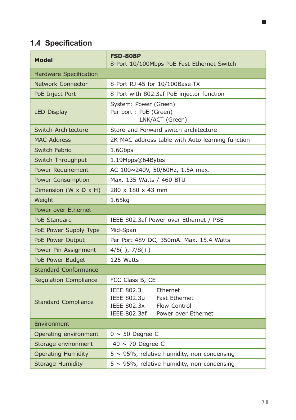 4 specification | PLANET FSD-808P User Manual | Page 7 / 20