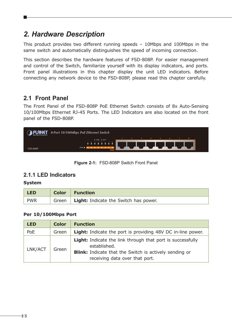 Hardware description, 1 front panel | PLANET FSD-808P User Manual | Page 8 / 20