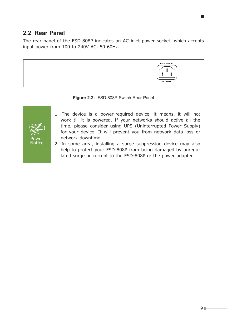 2 rear panel | PLANET FSD-808P User Manual | Page 9 / 20