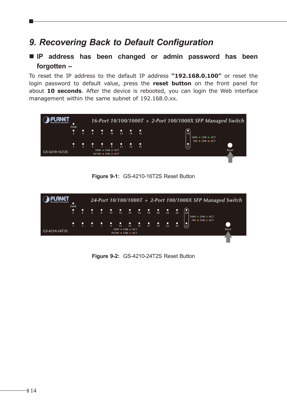 Recovering back to default configuration | PLANET GS-4210-16T2S User Manual | Page 14 / 16