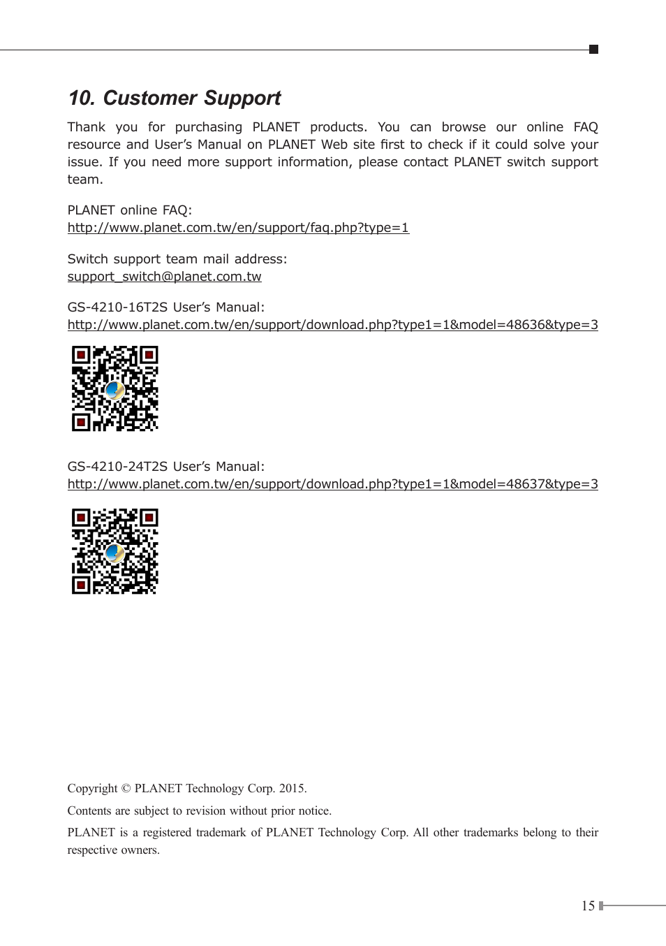 Customer support | PLANET GS-4210-16T2S User Manual | Page 15 / 16