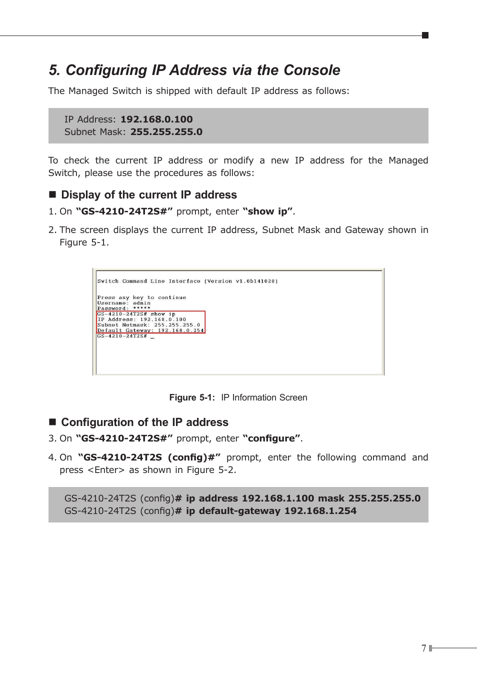 Configuring ip address via the console | PLANET GS-4210-16T2S User Manual | Page 7 / 16