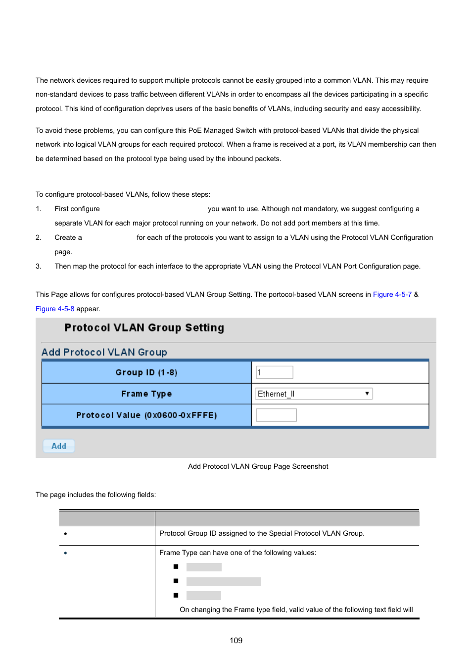 7 protocol vlan group setting | PLANET GS-4210-24P2S User Manual | Page 109 / 346