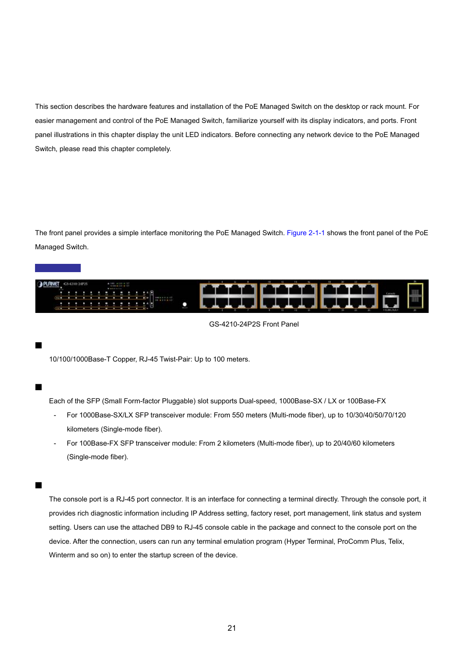 Installation, 1 hardware description, 1 switch front panel | PLANET GS-4210-24P2S User Manual | Page 21 / 346