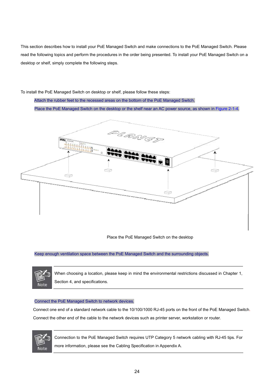 2 installing the switch, 1 desktop installation | PLANET GS-4210-24P2S User Manual | Page 24 / 346