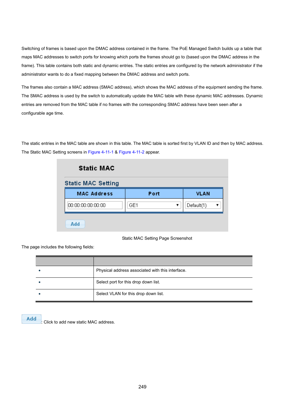 11 mac address table, 1 static mac setting | PLANET GS-4210-24P2S User Manual | Page 249 / 346