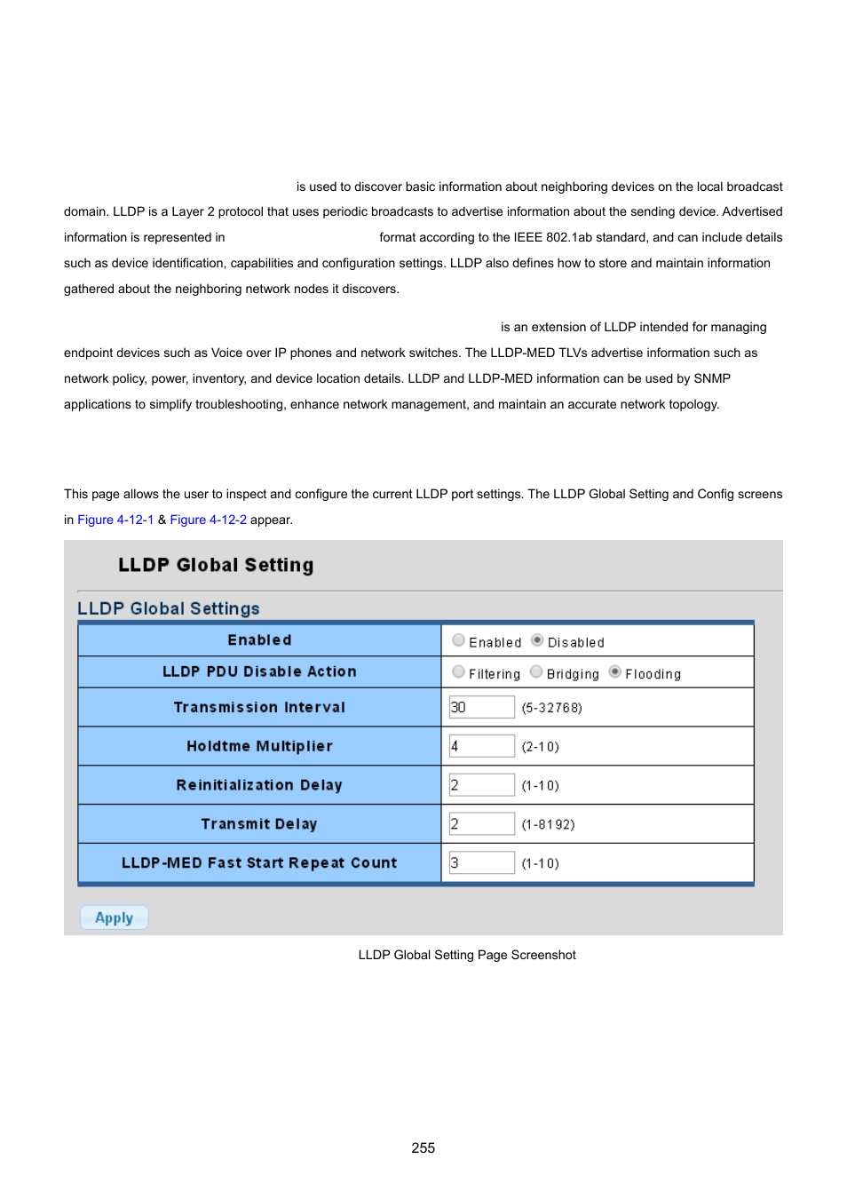 12 lldp, 1 link layer discovery protocol, 2 lldp global setting | PLANET GS-4210-24P2S User Manual | Page 255 / 346