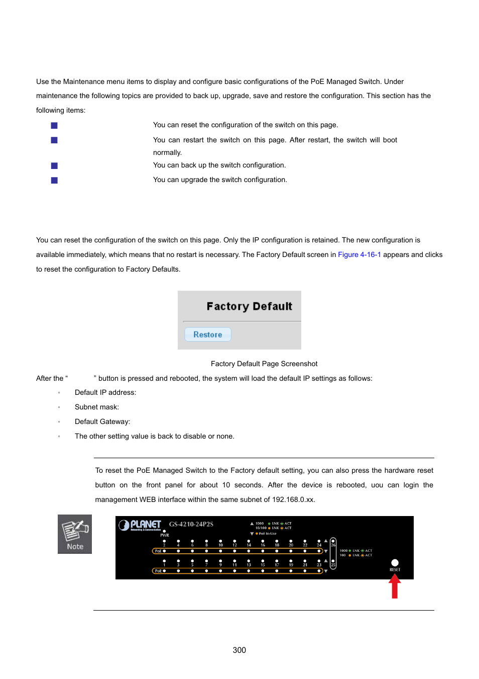 16 maintenance, 1 factory default | PLANET GS-4210-24P2S User Manual | Page 300 / 346