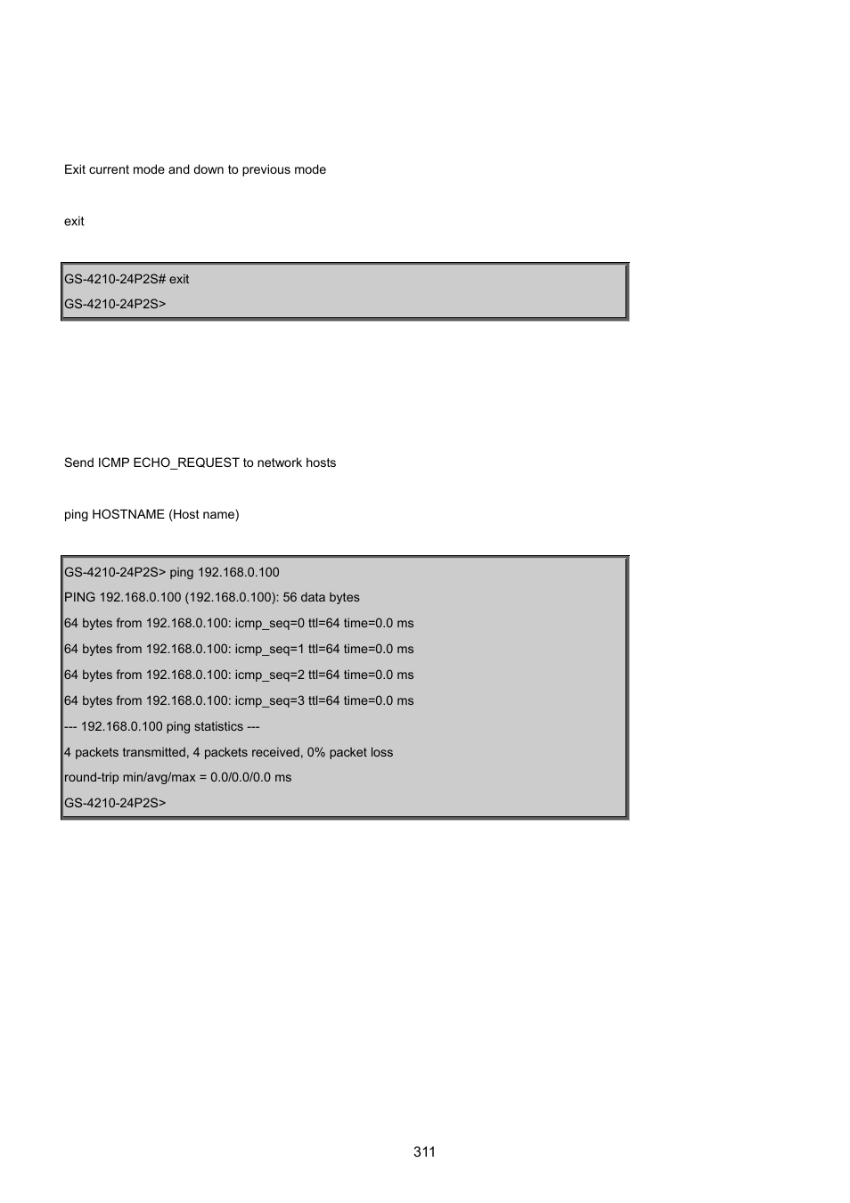 2 exit command, 3 ping command | PLANET GS-4210-24P2S User Manual | Page 311 / 346