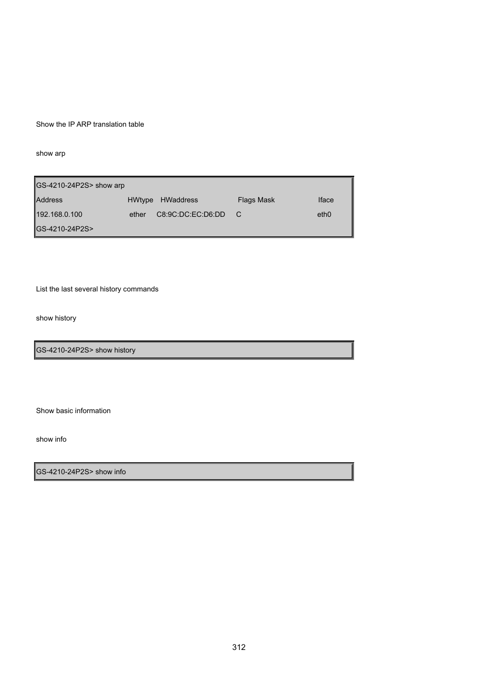 4 show command, Show arp, Show history | Show info | PLANET GS-4210-24P2S User Manual | Page 312 / 346