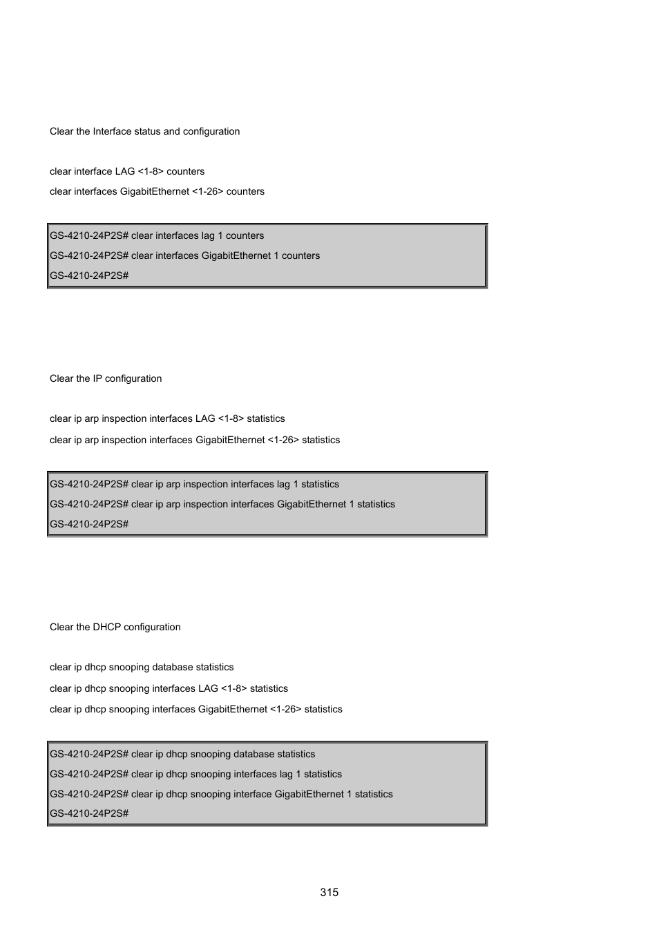 Clear interfaces, Clear ip arp, Clear ip dhcp | PLANET GS-4210-24P2S User Manual | Page 315 / 346