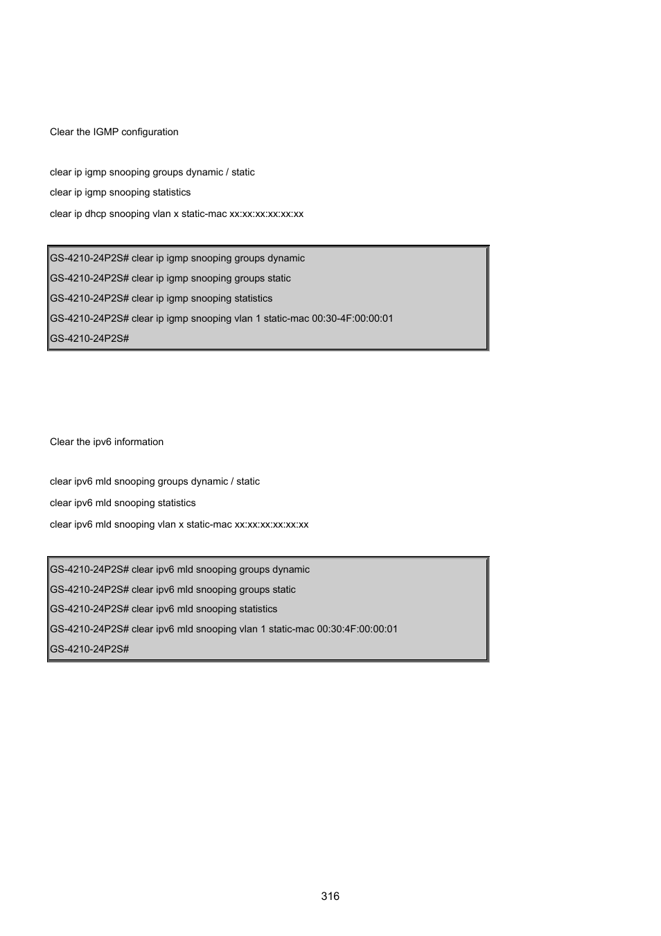 Clear ip igmp, Clear ipv6 | PLANET GS-4210-24P2S User Manual | Page 316 / 346