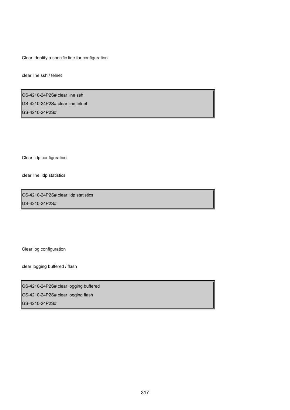 Clear line, Clear lldp, Clear logging | PLANET GS-4210-24P2S User Manual | Page 317 / 346