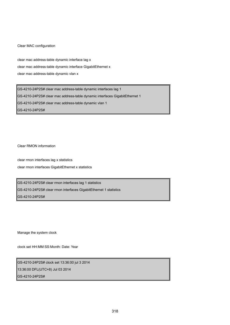 Clear mac, Clear rmon, 2 clock command | PLANET GS-4210-24P2S User Manual | Page 318 / 346