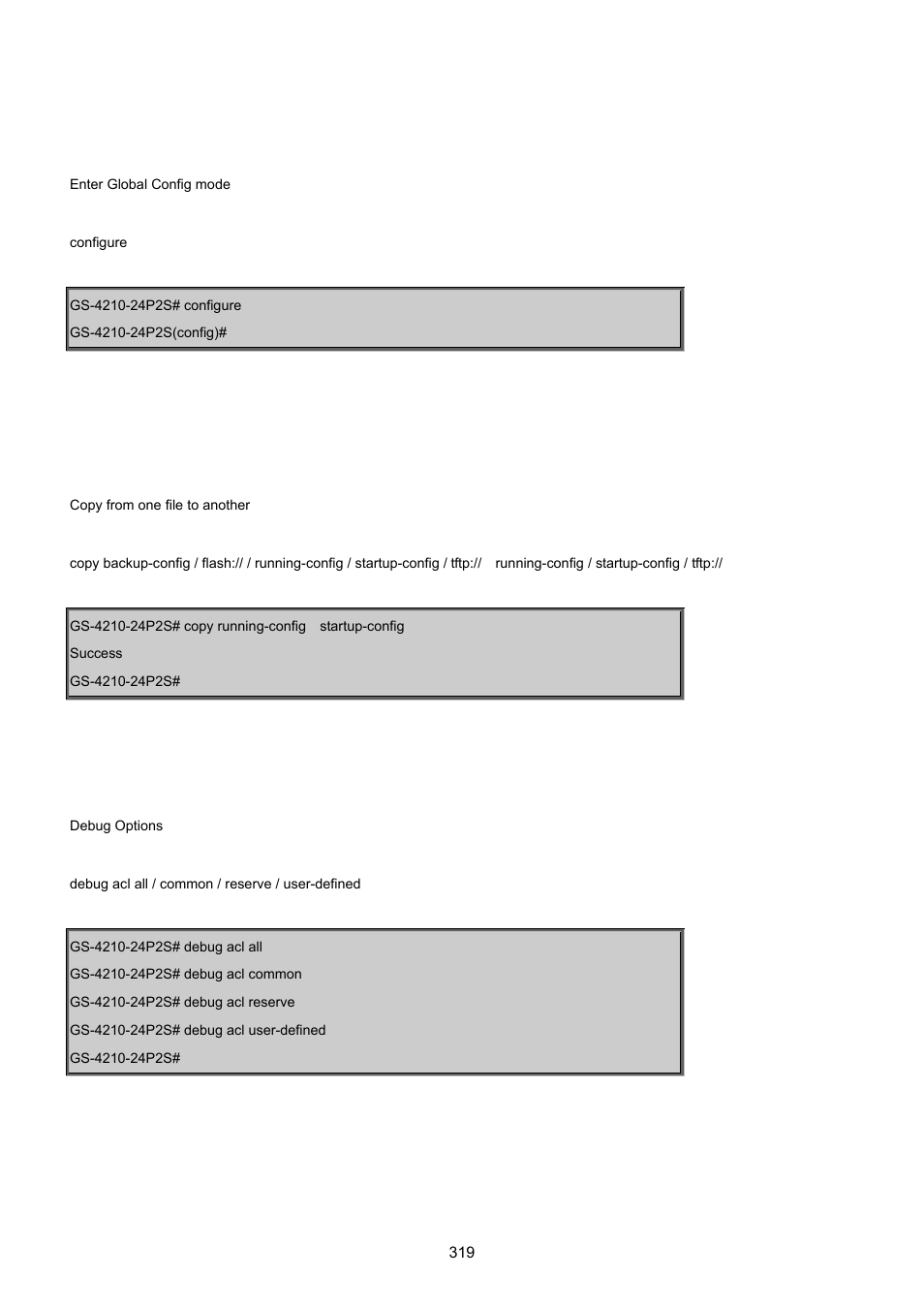 3 configure command, 4 copy command, 5 debug command | PLANET GS-4210-24P2S User Manual | Page 319 / 346