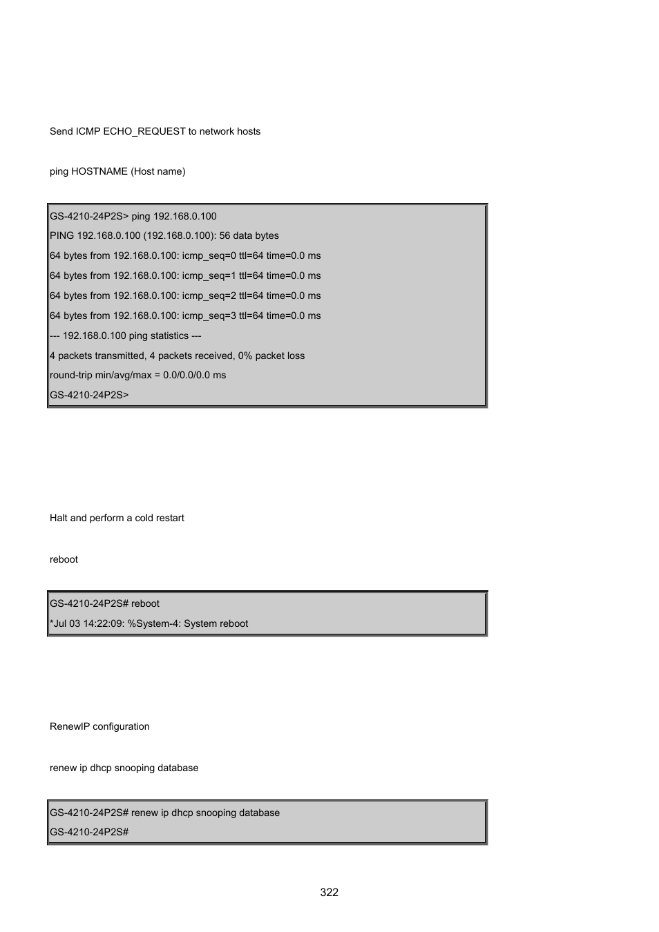 11 ping command, 12 reboot command, 13 renew command | PLANET GS-4210-24P2S User Manual | Page 322 / 346