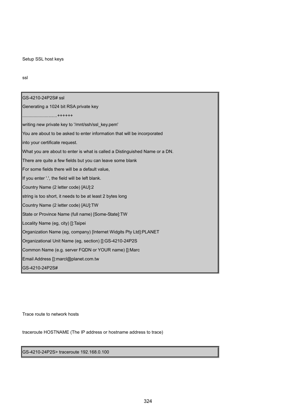 17 ssl command, 18 traceroute command | PLANET GS-4210-24P2S User Manual | Page 324 / 346