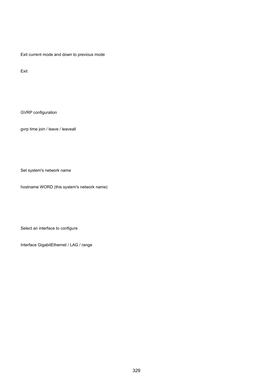 12 exit command, 13 gvrp command, 14 hostname command | 15 interface command | PLANET GS-4210-24P2S User Manual | Page 329 / 346