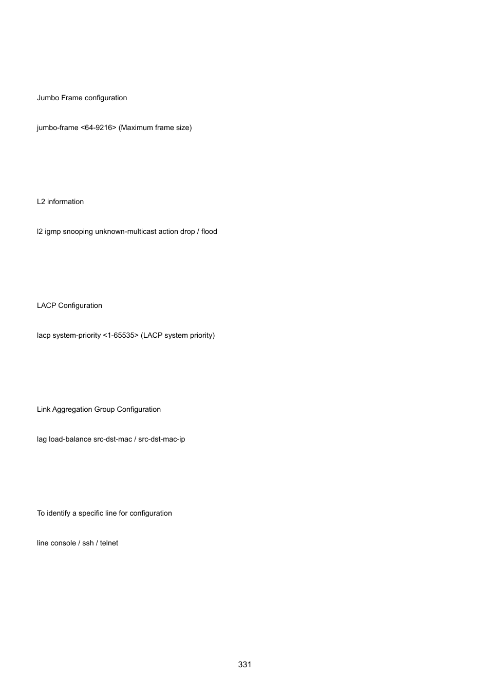 18 jumbo-frame command, 19 l2 command, 20 lacp command | 21 lag command, 22 line command | PLANET GS-4210-24P2S User Manual | Page 331 / 346