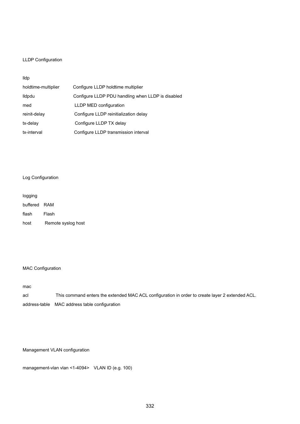 23 lldp command, 24 logging command, 25 mac command | 26 management-vlan command | PLANET GS-4210-24P2S User Manual | Page 332 / 346