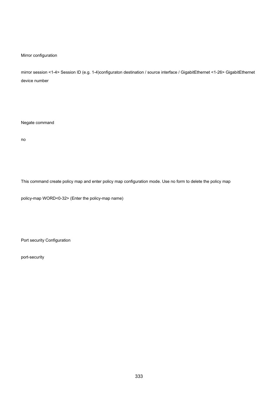27 mirror command, 28 no command, 29 policy-map command | 30 port-security command | PLANET GS-4210-24P2S User Manual | Page 333 / 346