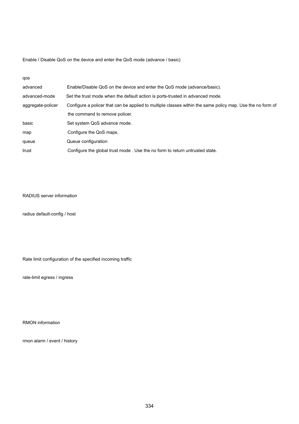 31 qos command, 32 radius command, 33 rate-limit command | 34 rmon command | PLANET GS-4210-24P2S User Manual | Page 334 / 346