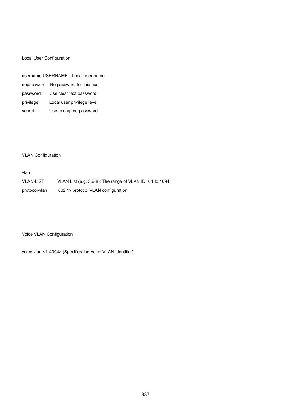 42 username command, 43 vlan command, 44 voice-vlan command | PLANET GS-4210-24P2S User Manual | Page 337 / 346