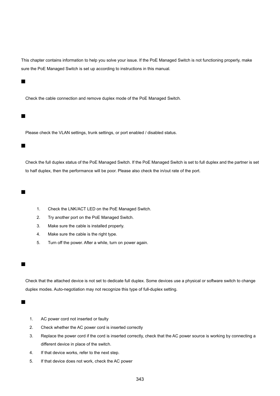 Troubleshooting | PLANET GS-4210-24P2S User Manual | Page 343 / 346