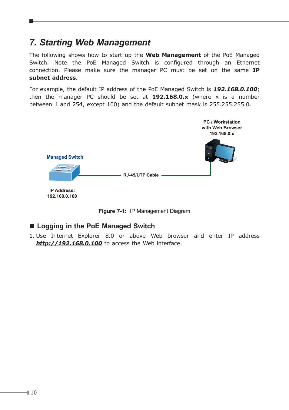 Starting web management, Logging in the poe managed switch | PLANET GS-4210-24P2S User Manual | Page 10 / 16