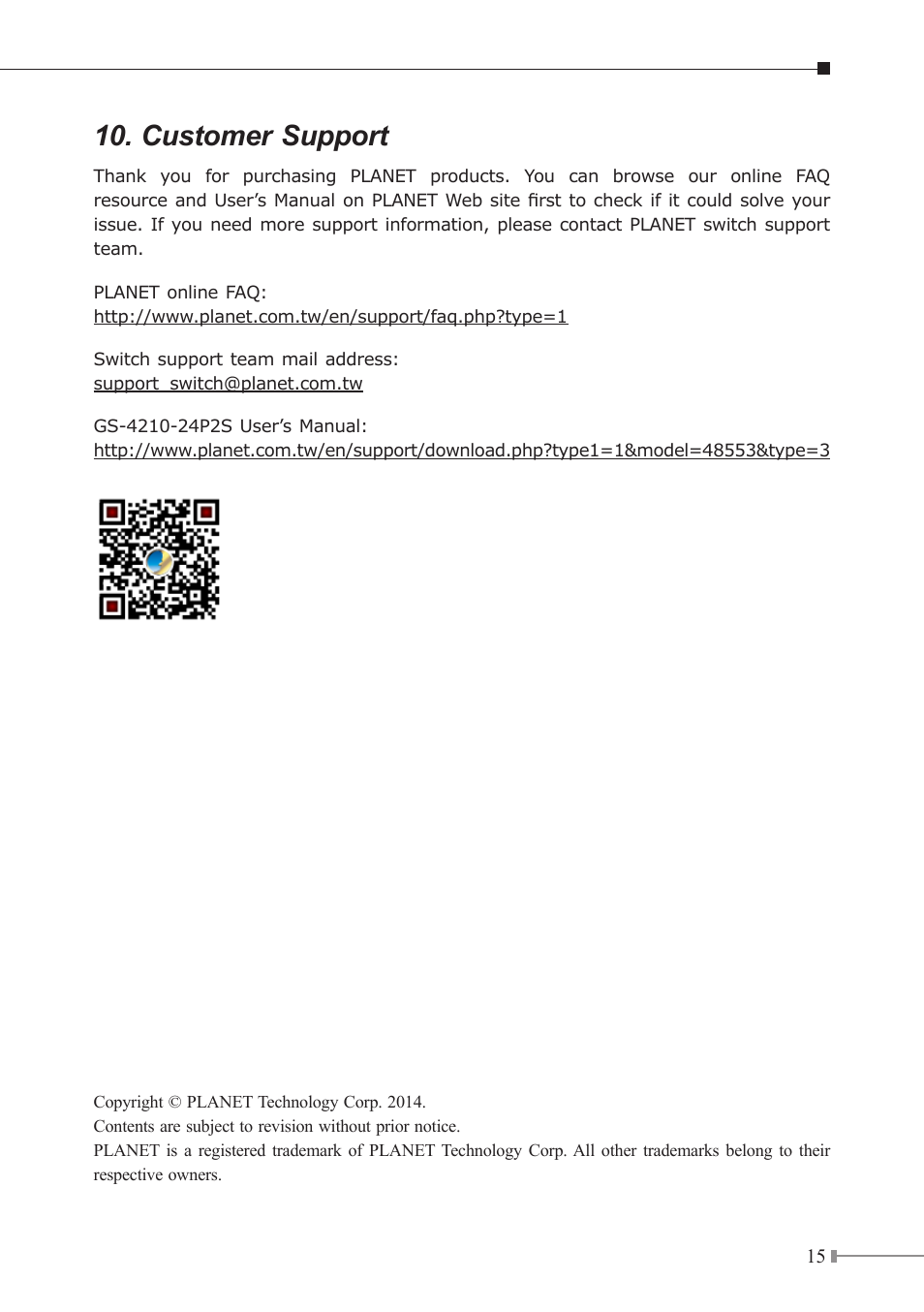 Customer support | PLANET GS-4210-24P2S User Manual | Page 15 / 16
