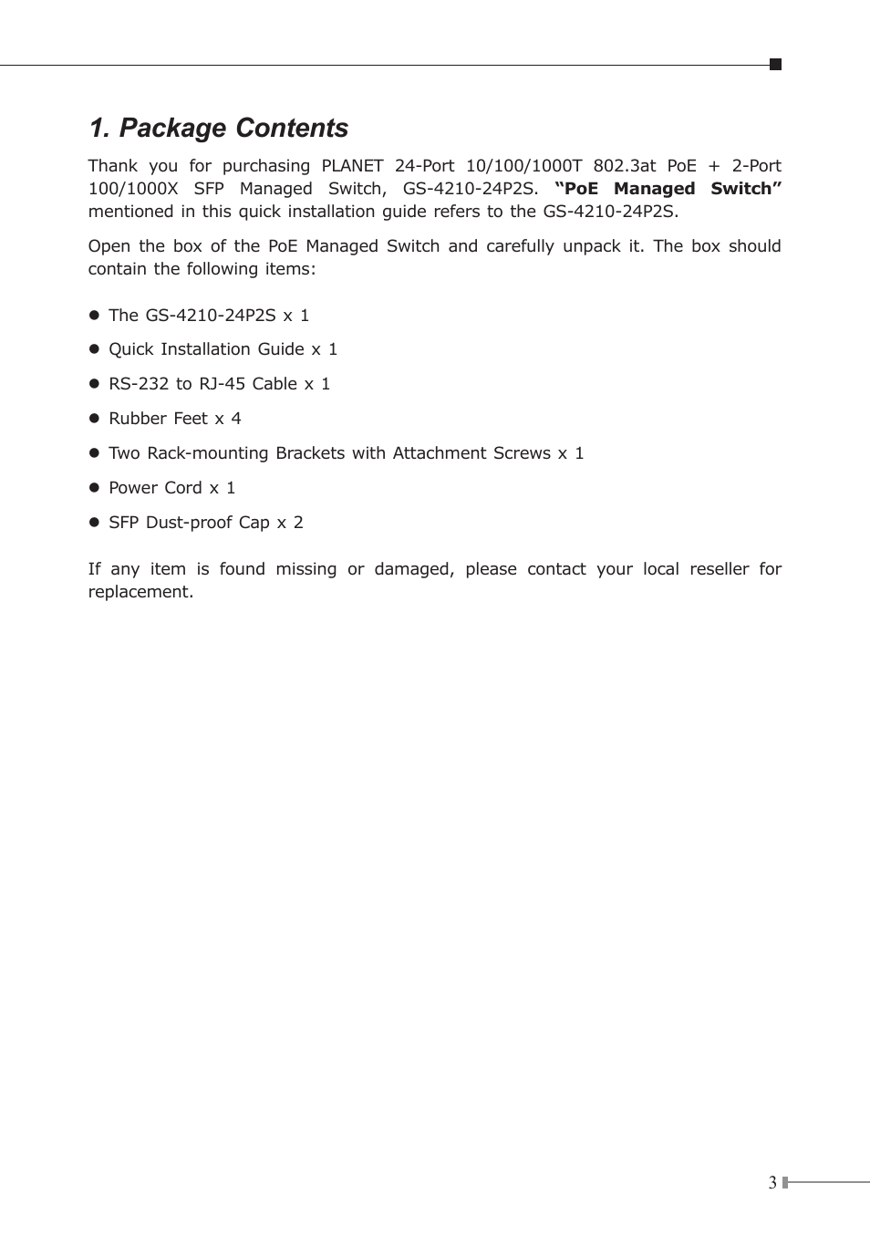 Package contents | PLANET GS-4210-24P2S User Manual | Page 3 / 16
