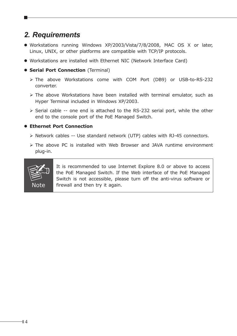 Requirements | PLANET GS-4210-24P2S User Manual | Page 4 / 16