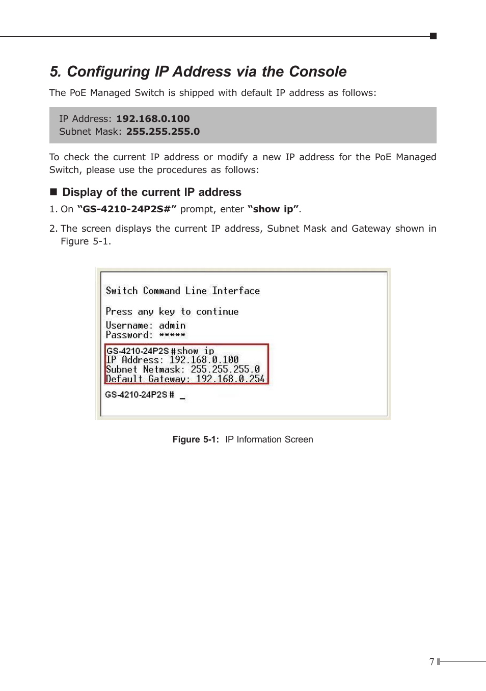 Configuring ip address via the console | PLANET GS-4210-24P2S User Manual | Page 7 / 16