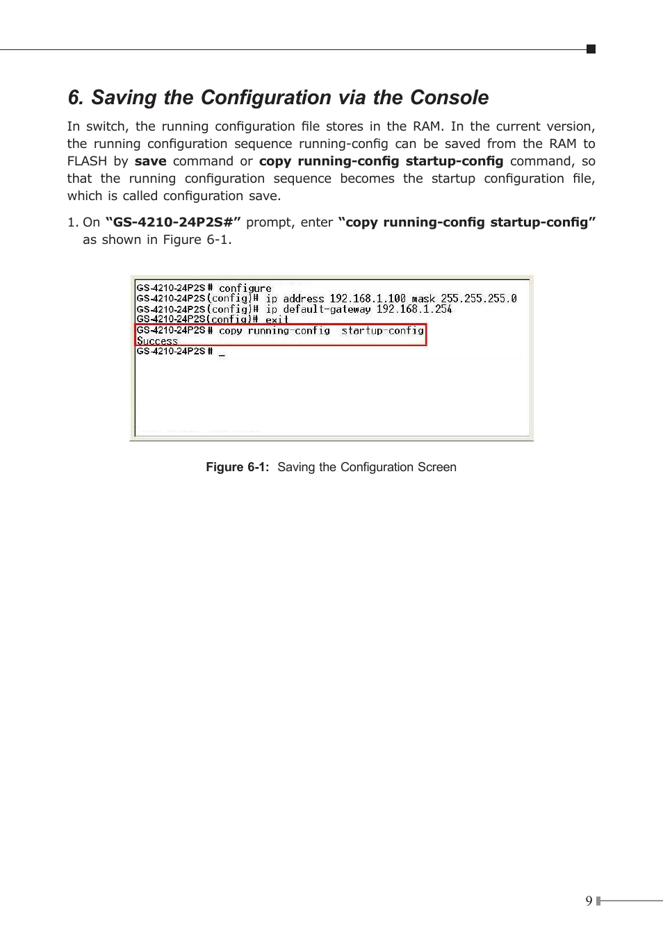 Saving the configuration via the console | PLANET GS-4210-24P2S User Manual | Page 9 / 16
