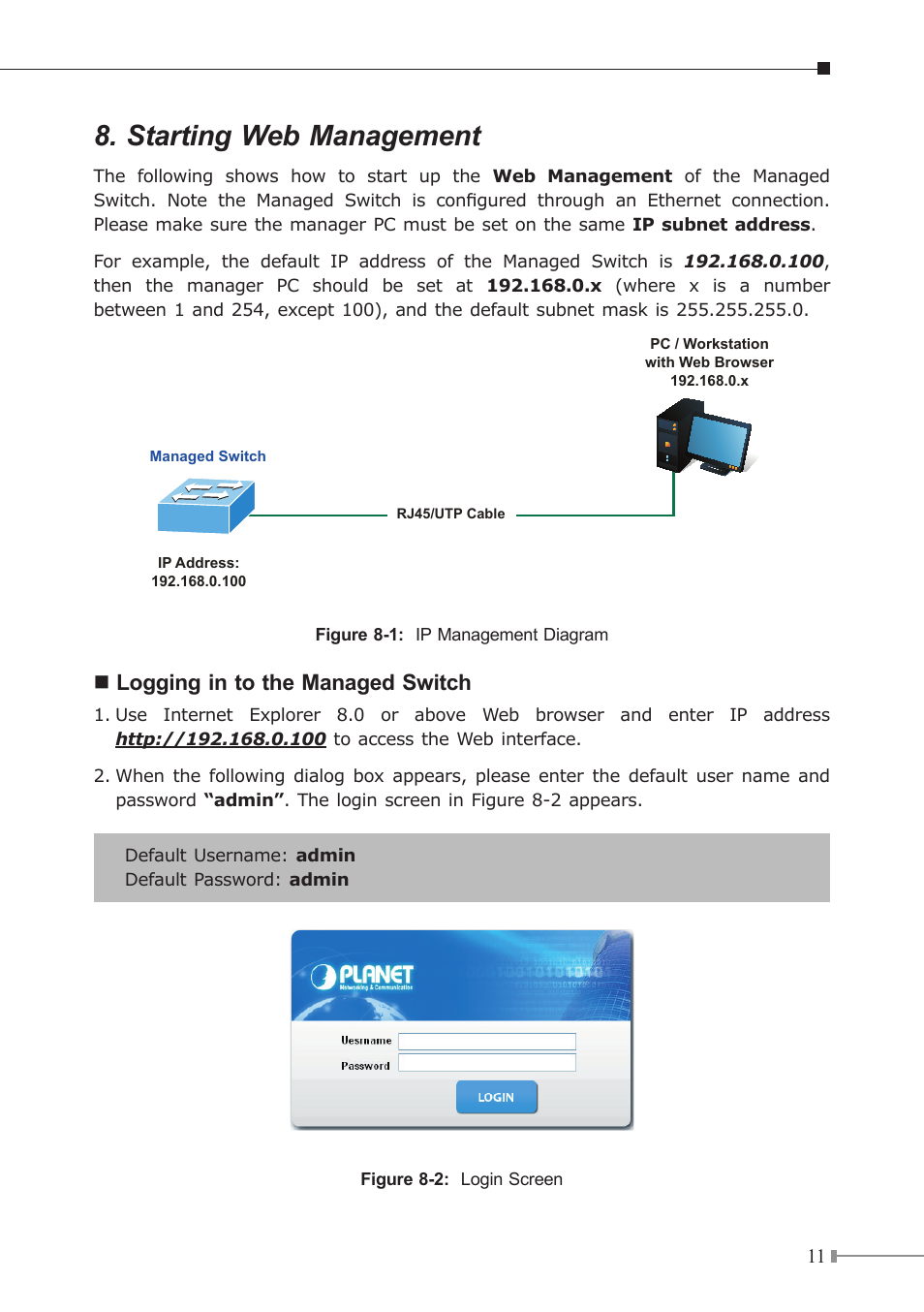 Starting web management, Logging in to the managed switch | PLANET GS-4210-24P4C User Manual | Page 11 / 16