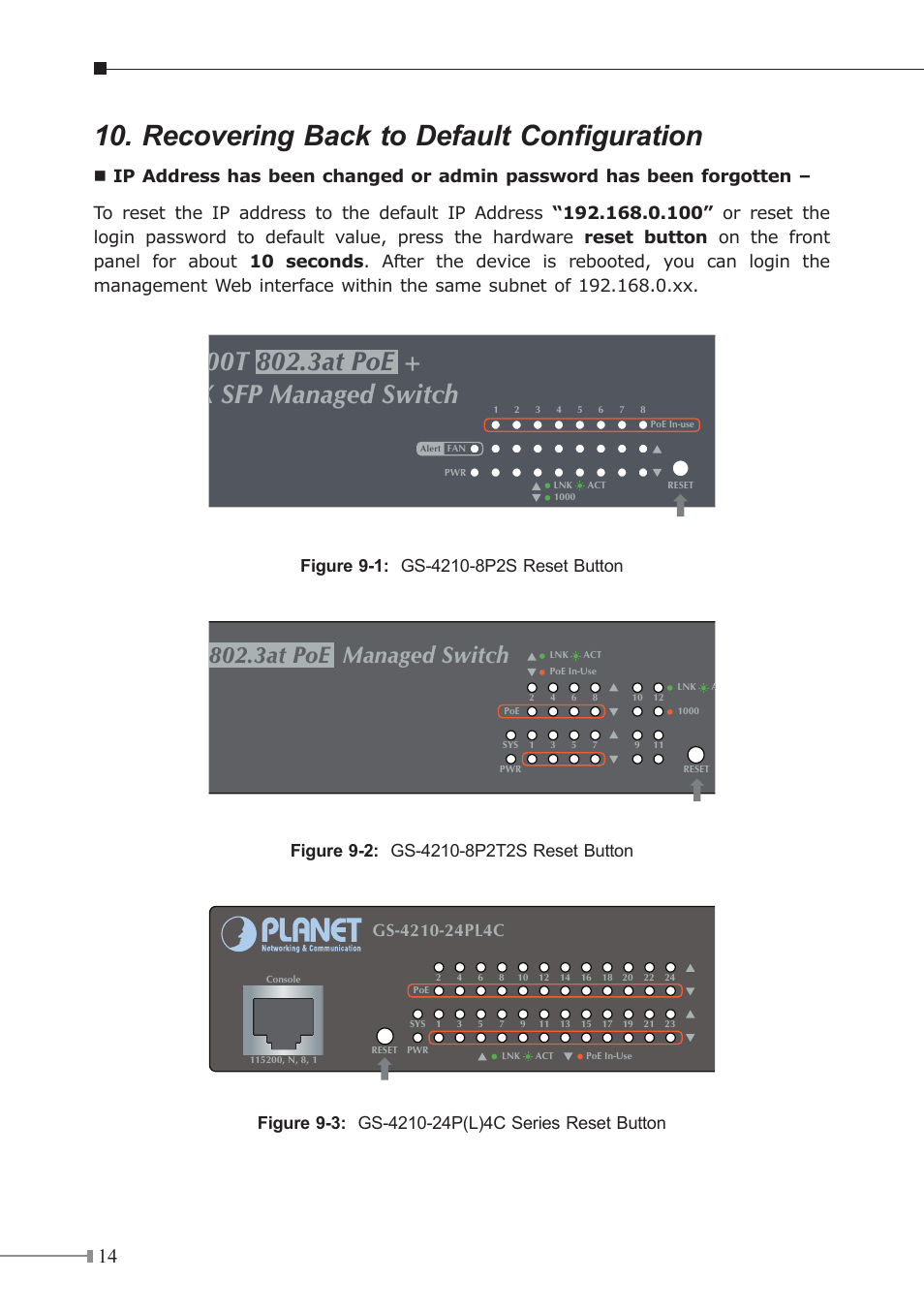 Recovering back to default configuration, Port gigabit 802.3at poe managed switch | PLANET GS-4210-24P4C User Manual | Page 14 / 16