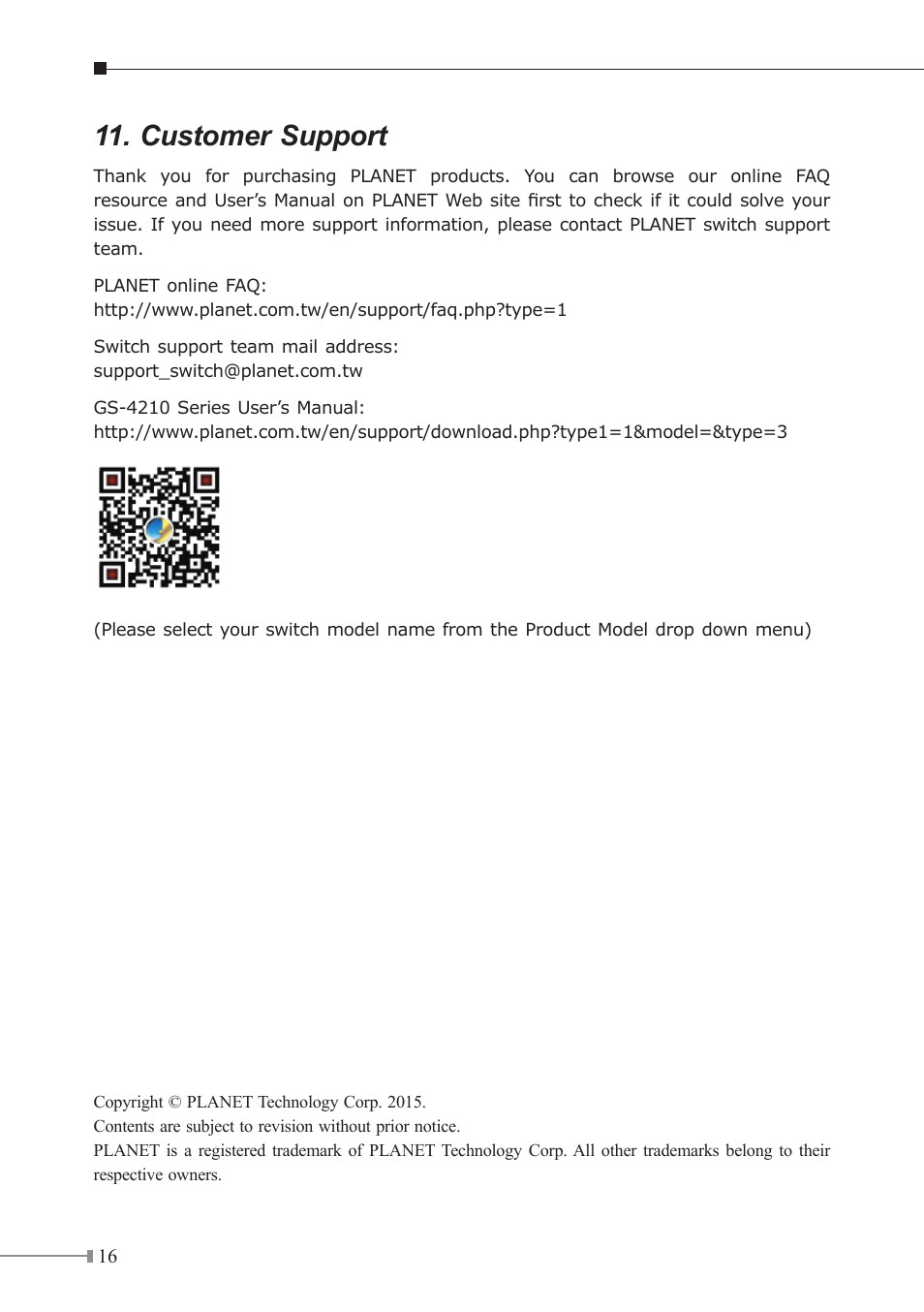 Customer support | PLANET GS-4210-24P4C User Manual | Page 16 / 16