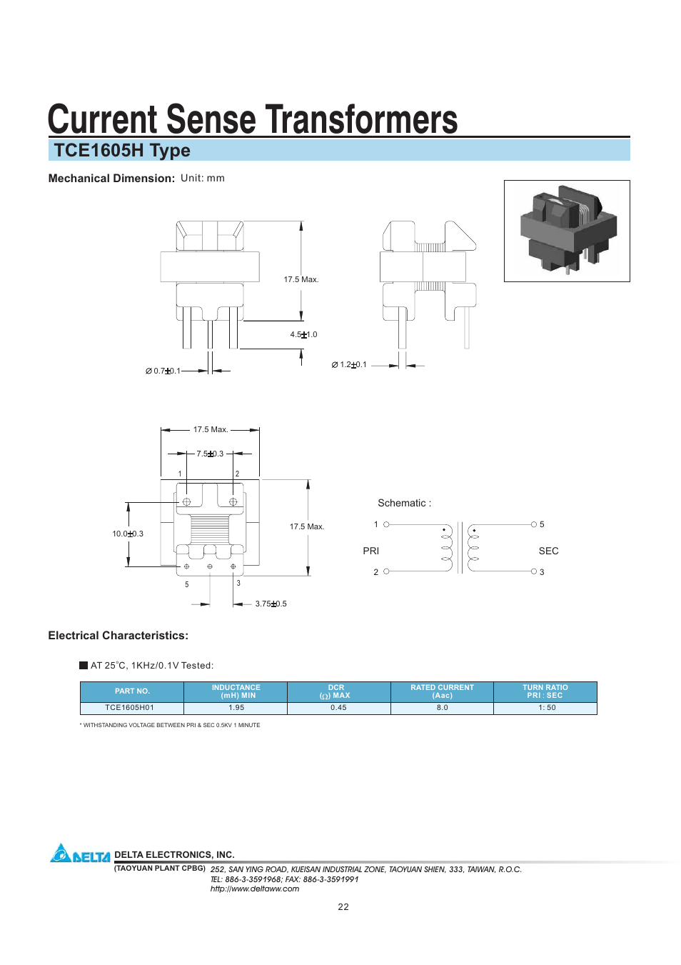 Delta Electronics Current Sense Transformers TCE1605H User Manual | 1 page