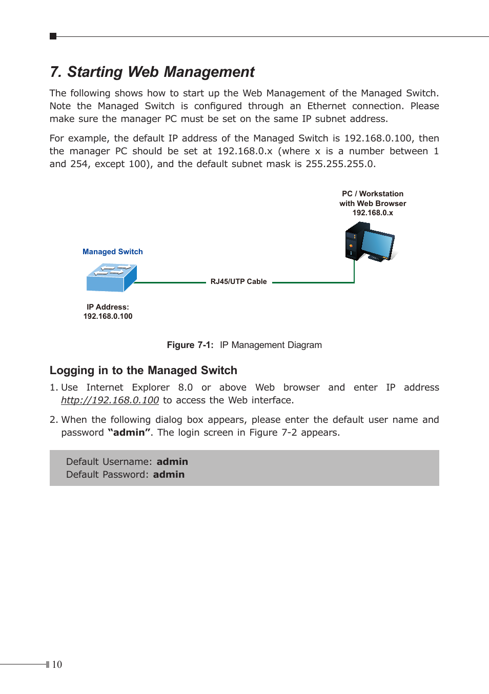 Starting web management, Logging in to the managed switch | PLANET GS-4210-24P4C User Manual | Page 10 / 16